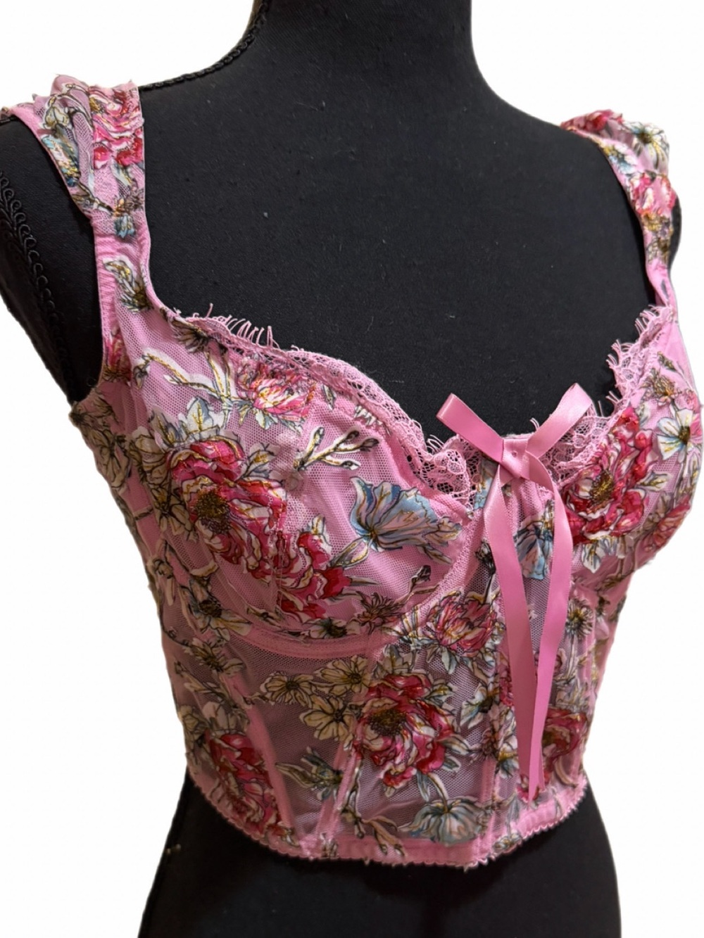 Victoria Secret Pink Floral Corset with adjustable unique straps Sz Lg EUC - Picture 2 of 9